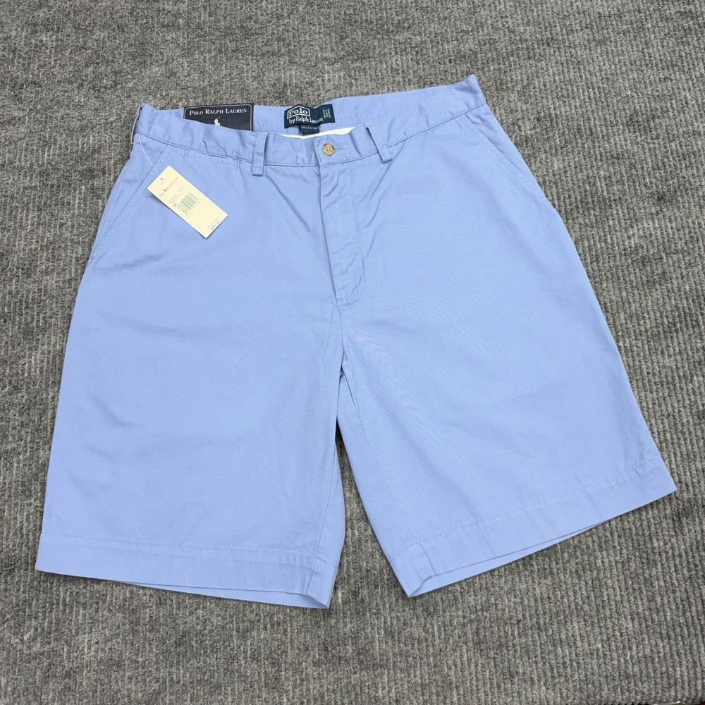 NWT Vtg Polo Ralph Lauren Blue Cotton Flat Front Chino Shorts Mens 34x9.5 Inseam